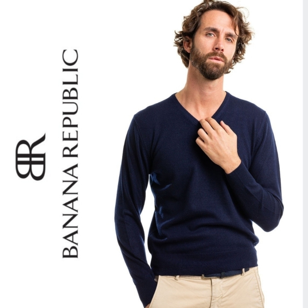 Banana Republic Silk Cotton Cashmere V Neck Pullover Sweater, Dark Navy